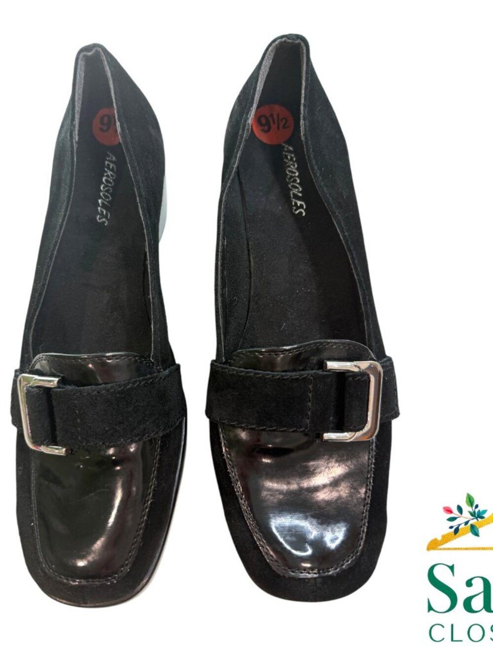 Aerosoles Black Suede Wedge Loafers 9.5 NWOT Patent Leather Buckle Career Shoes